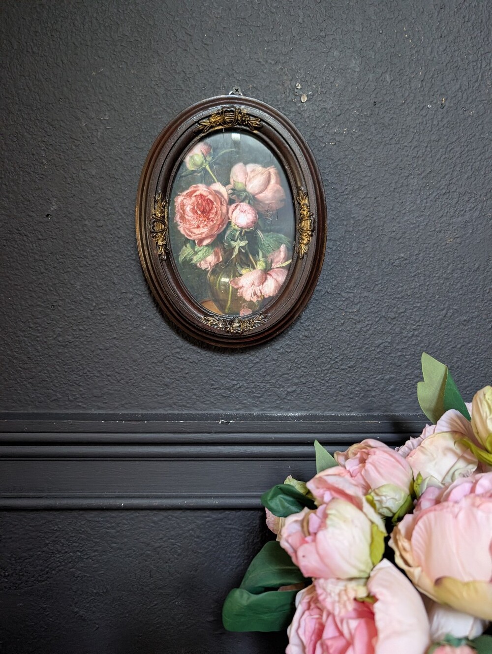 Vintage Ornate Walnut Stained oval wood frame w/ VTG style dark moody pink peony